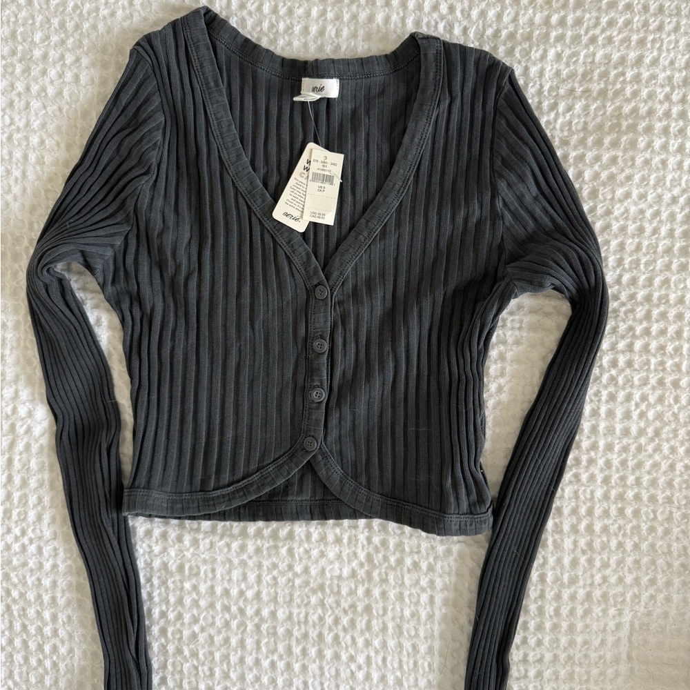Aerie Charcoal Ribbed Button-Down Crop Top